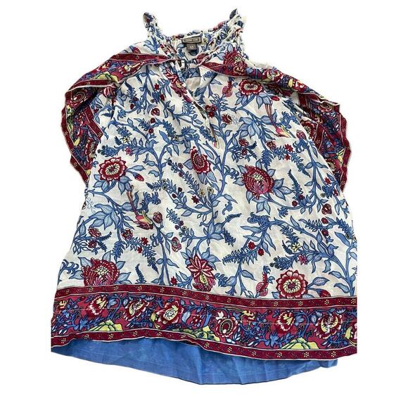 Point Sur Women's Red Blue Floral Print Ruffle Block Print Blouse Top Size 12 - Picture 4 of 15